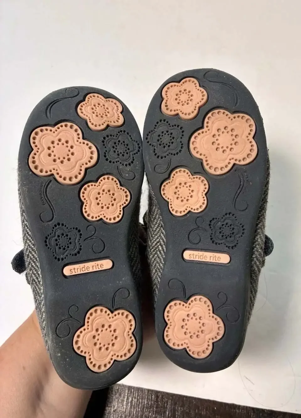 Stride Rite Girls Mary Jane Flats with Herringbone Fabric and Bow Detail